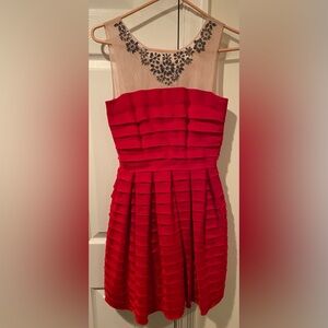 BCBG Marina red dress with embellished necklace neckline AND POCKETS